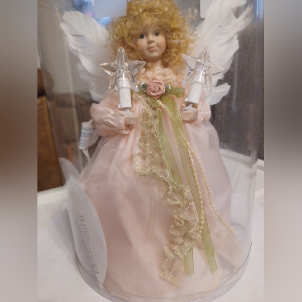 Victorian Christmas Angel Lighted Tree Topper Pink Satin Gown Holding Stars 10"